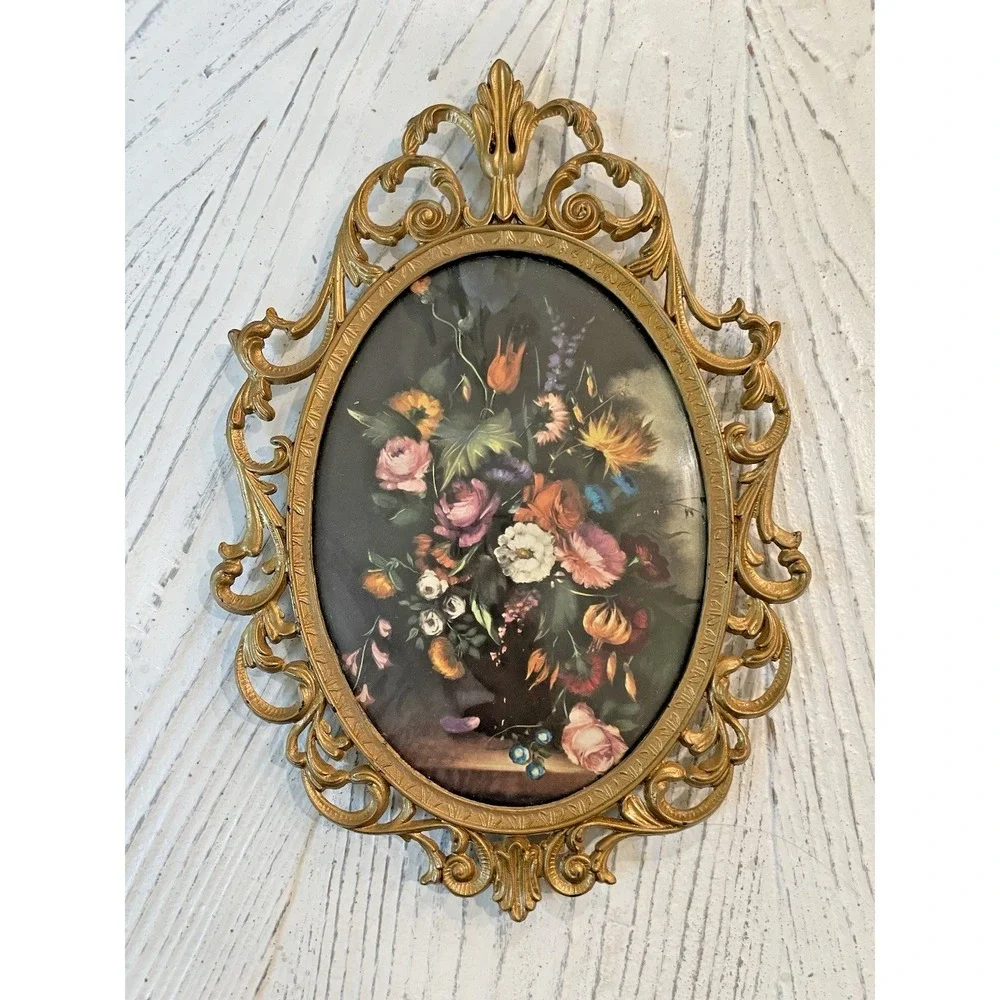 Pair (2) ‎ Vtg Italian Floral Print Ornate Brass Frame Convex Bubble Glass Italy